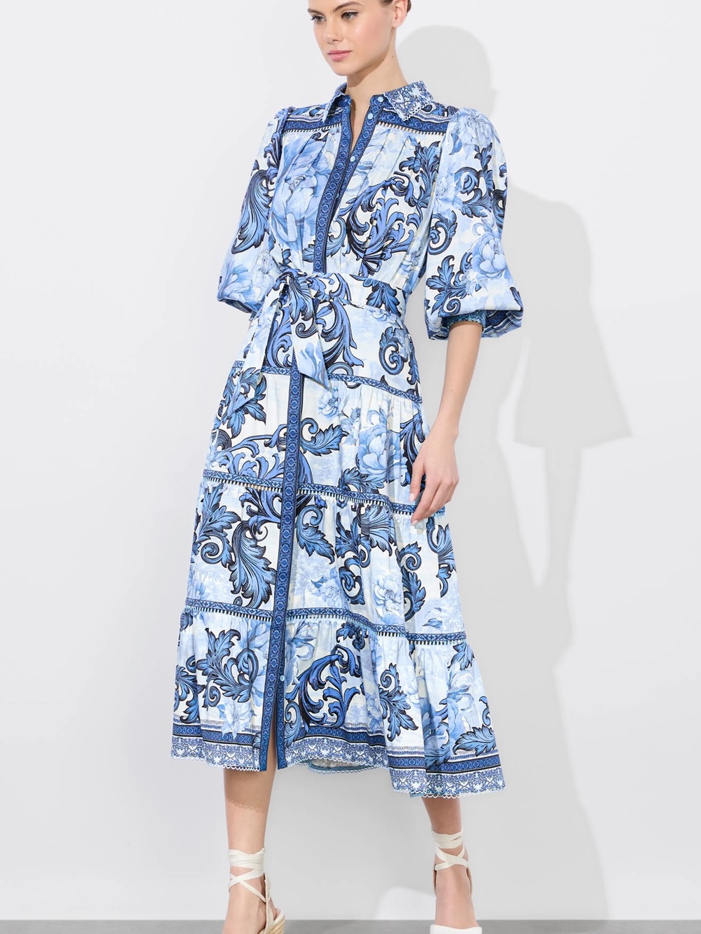 Alice + Olivia Blue and White Printed Midi Shirt Dress with Belt
